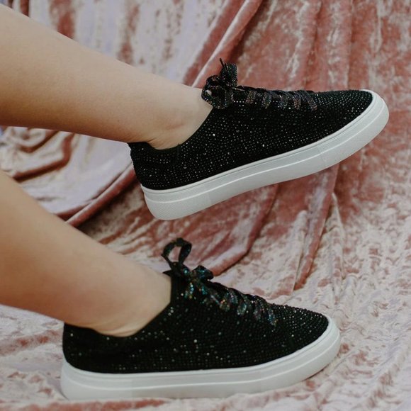 NEW🔥 Black Rhinestone Crystal Embellished Lace-Up Sneakers Low Platform Slip-On - Picture 3 of 5